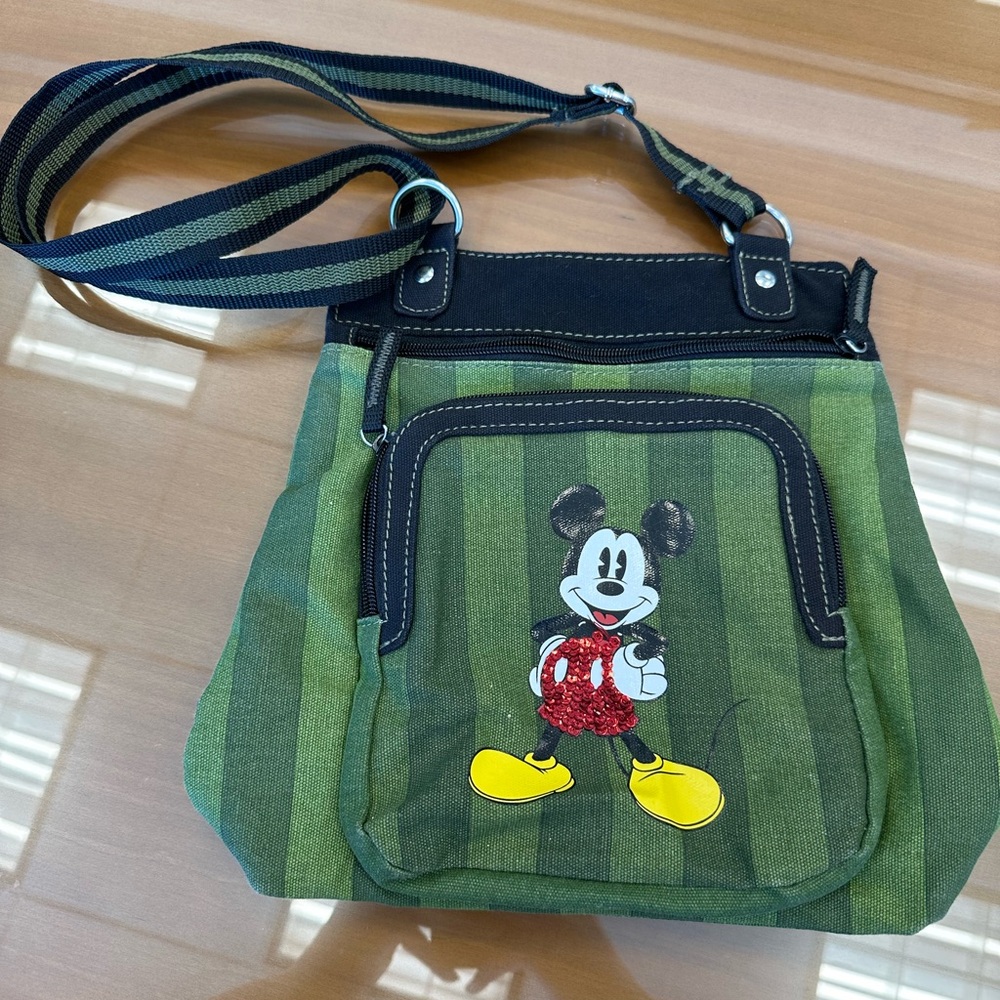Disney Mickey Mouse Green Striped Sequin Crossbody‎ Purse Vacation Bag 11x11